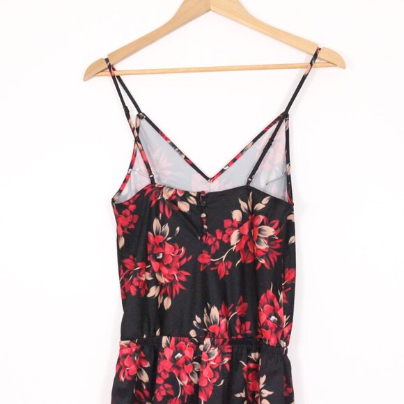 La Vie En Rose Satin Night Black & Red Floral Romper - Picture 8 of 9